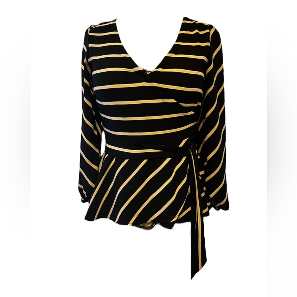 LOFT, Flowy Wraparound crossover, champagne striped peplum blouse
